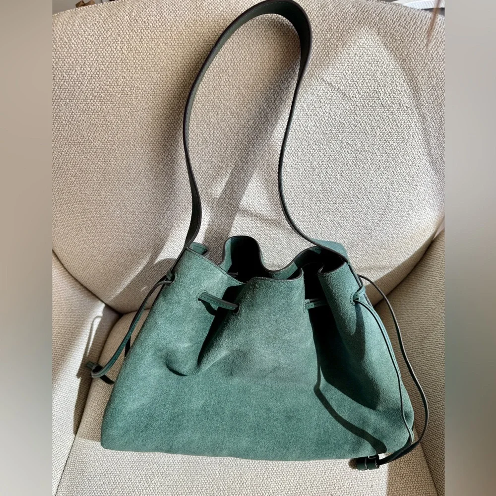 NWT! | MADEWELL The Drawstring Shoulder Bag in Architect Green Suede - Picture 2 of 13